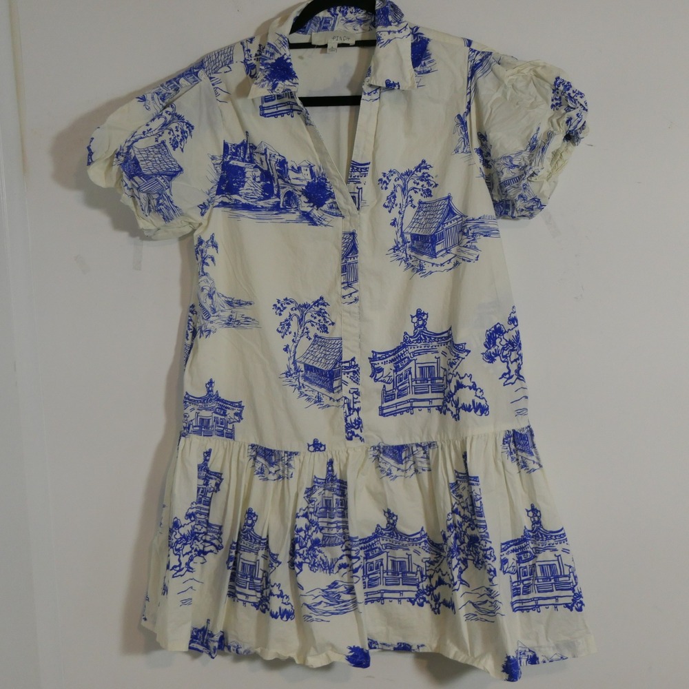 Pinch Womens Mini Dress L Blue White Toile Pagoda Print Puff Sleeve Cottagecore